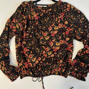 OLIVACEOUS Black Boho Blouse with Crochet Lace Floral Print in AUTUMN COLOURS